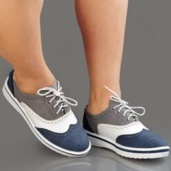 Premium Maven Elegant Ladies Leather Brogues - Navy Blue and Grey