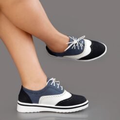 Premium Maven Elegant Ladies Leather Brogues - Navy Blue and Black